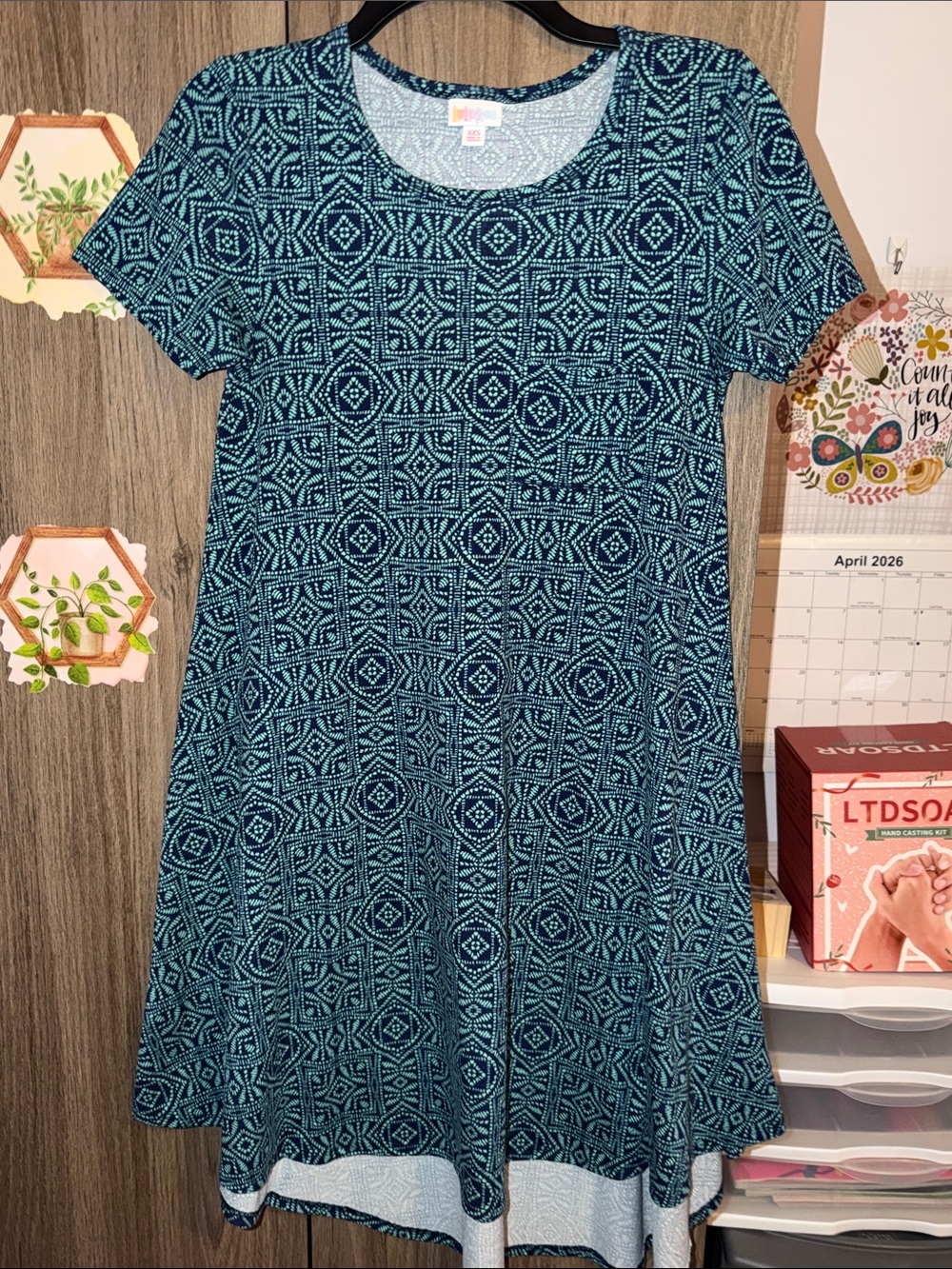 LuLaRoe Navy and Teal Printed Scoop Neck Top